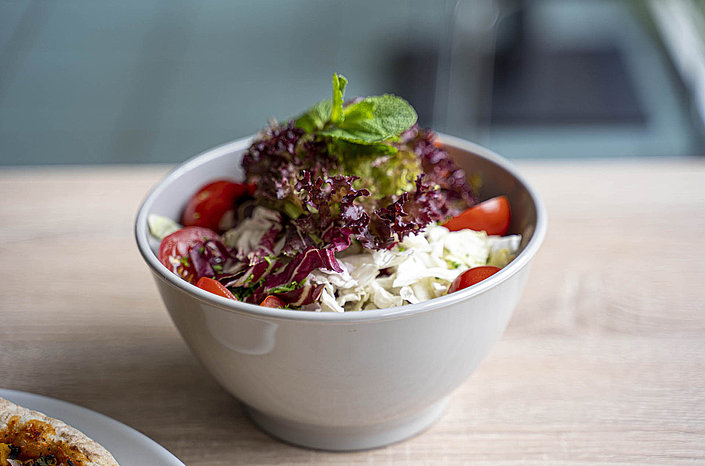 Schüssel mit gemischtem Salat aus Blattsalat Radicchio Weißkohl Kirschtomaten und Minzblatt